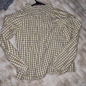 Rylee + Cru Tan and White Gingham Smocked Neck Blouse